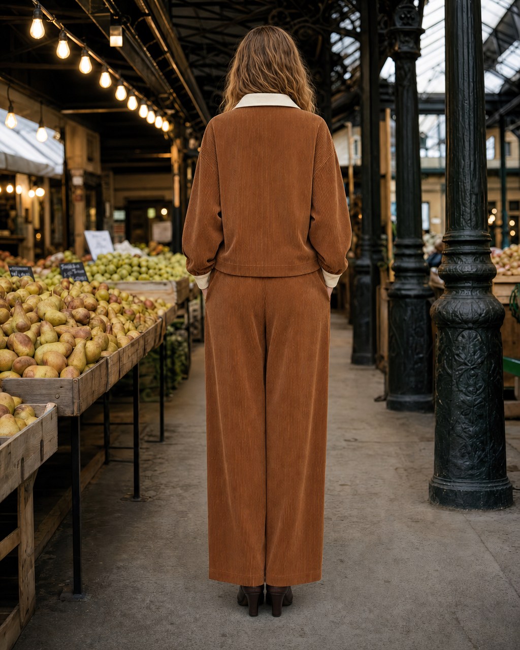 Casual Caramel Corduroy Contrast Polo-collar Long-sleeve Two-piece Wide-leg Pants Set MVA002670AA