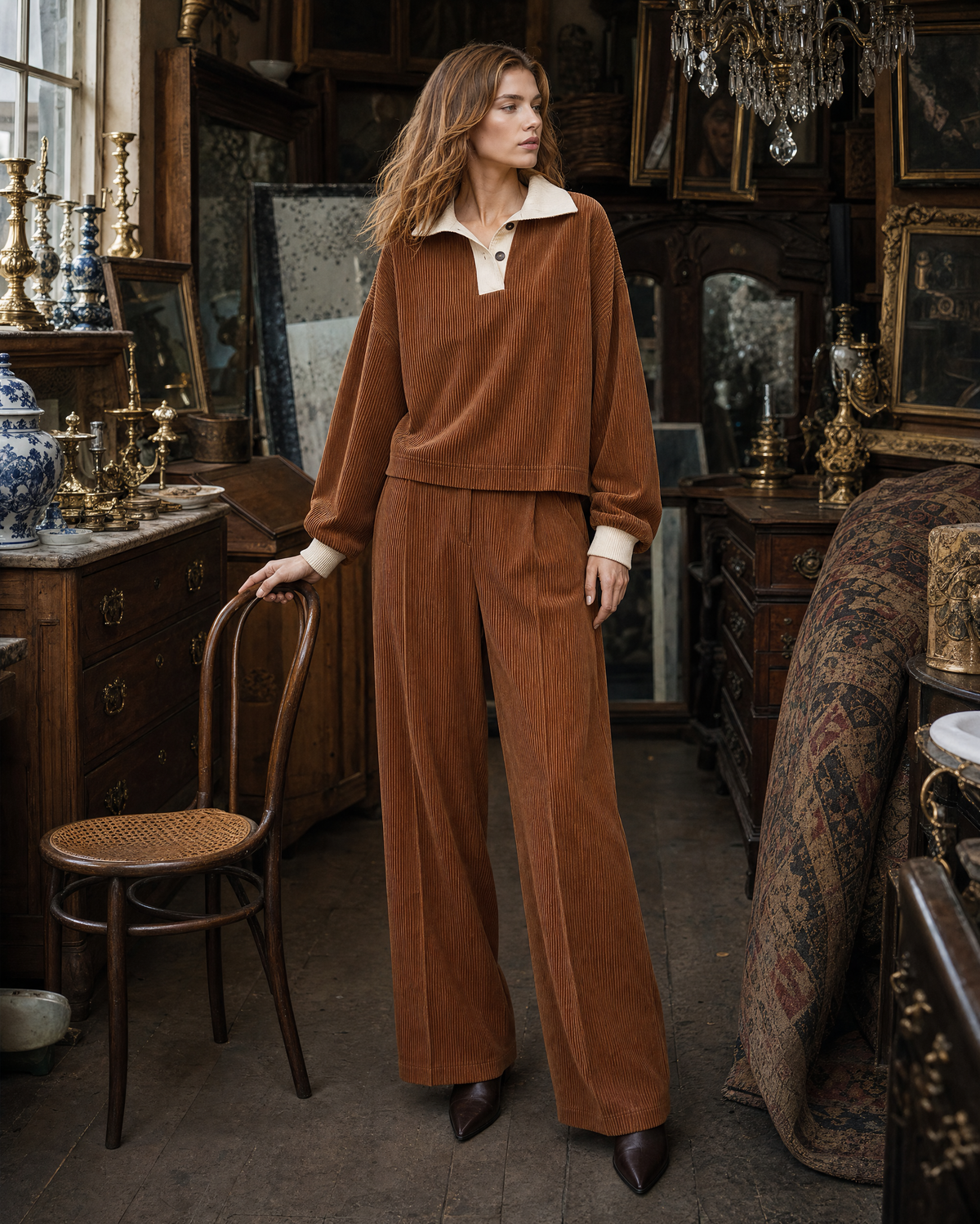 Casual Caramel Corduroy Contrast Polo-collar Long-sleeve Two-piece Wide-leg Pants Set MVA002670AA