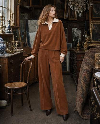 Casual Caramel Corduroy Contrast Polo-collar Long-sleeve Two-piece Wide-leg Pants Set MVA002670AA