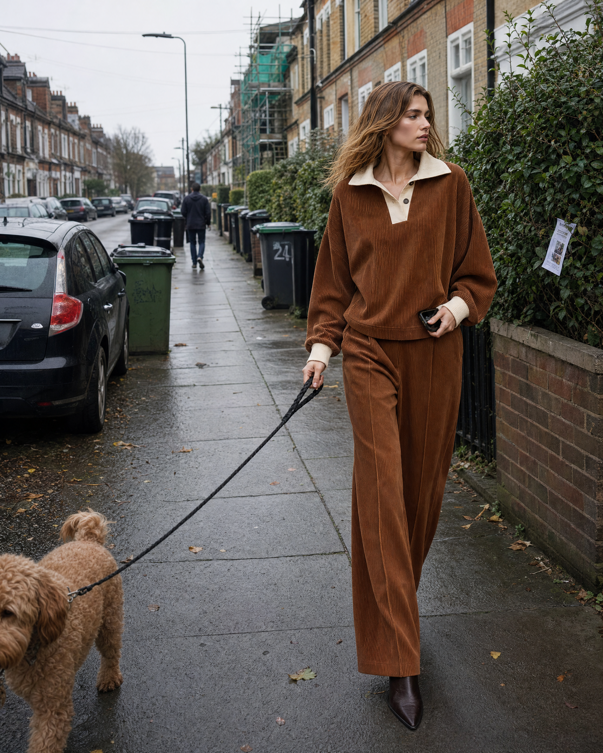 Casual Caramel Corduroy Contrast Polo-collar Long-sleeve Two-piece Wide-leg Pants Set MVA002670AA