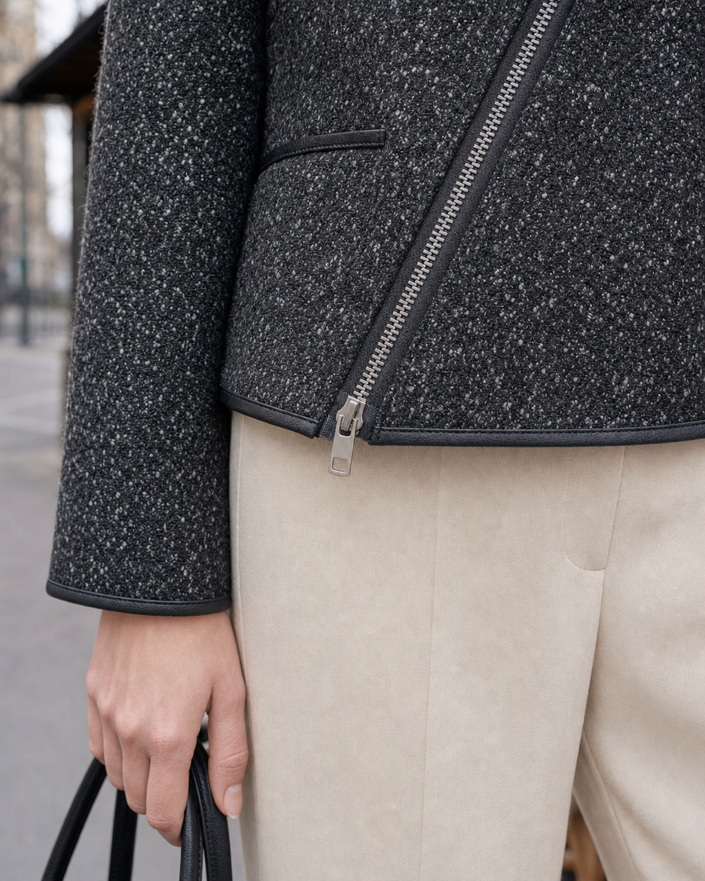 Elegant Charcoal Tweed Round-neck Long-sleeve Asymmetric Zip Jacket MVA002680AA