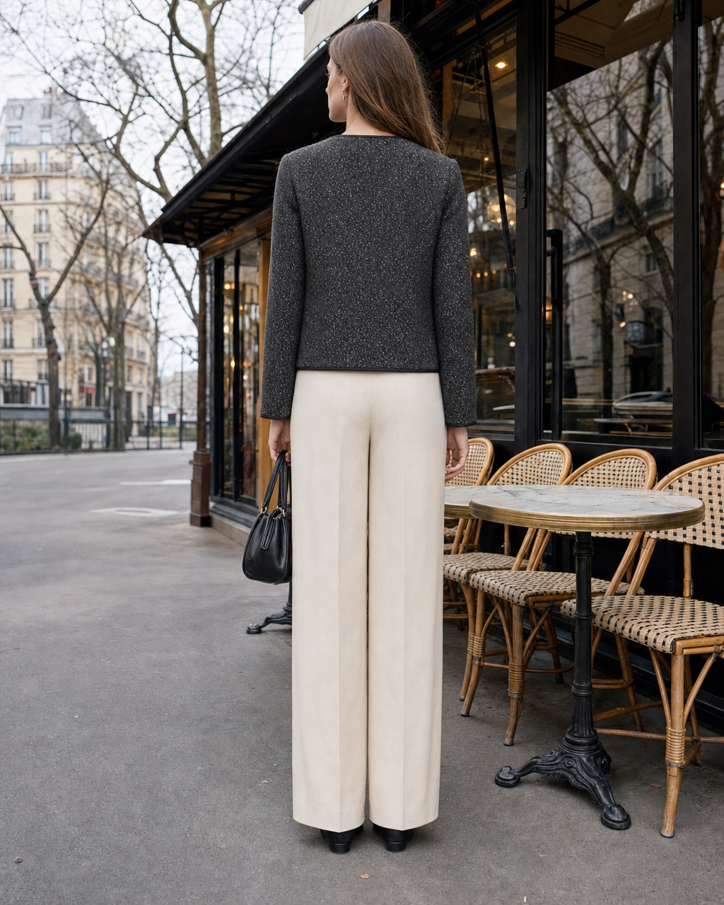 Elegant Charcoal Tweed Round-neck Long-sleeve Asymmetric Zip Jacket MVA002680AA