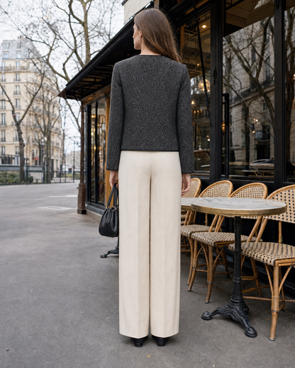 Elegant Charcoal Tweed Round-neck Long-sleeve Asymmetric Zip Jacket MVA002680AA