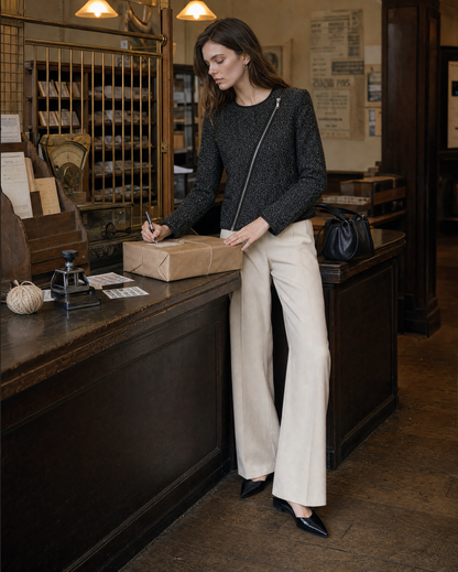 Elegant Charcoal Tweed Round-neck Long-sleeve Asymmetric Zip Jacket MVA002680AA