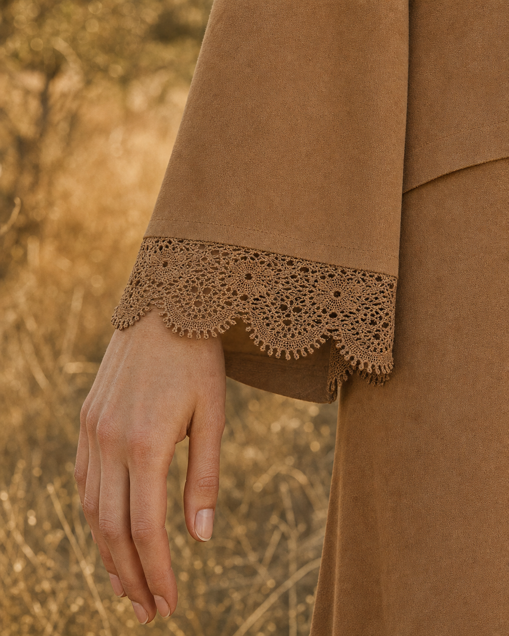 Bohemian Camel Faux-suede Lace-trimmed V-neck Long-sleeve Two-piece Maxi Skirt Set MVA002690AA