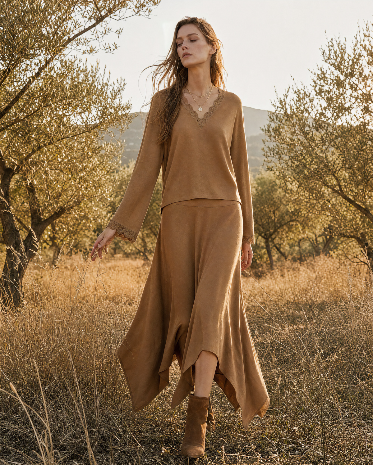 Bohemian Camel Faux-suede Lace-trimmed V-neck Long-sleeve Two-piece Maxi Skirt Set MVA002690AA
