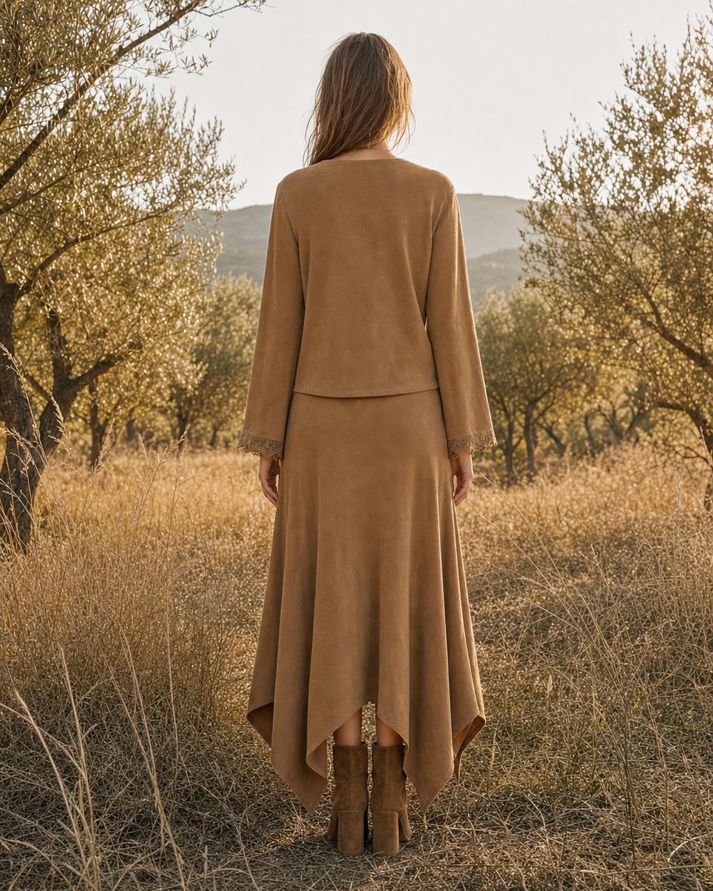Bohemian Camel Faux-suede Lace-trimmed V-neck Long-sleeve Two-piece Maxi Skirt Set MVA002690AA