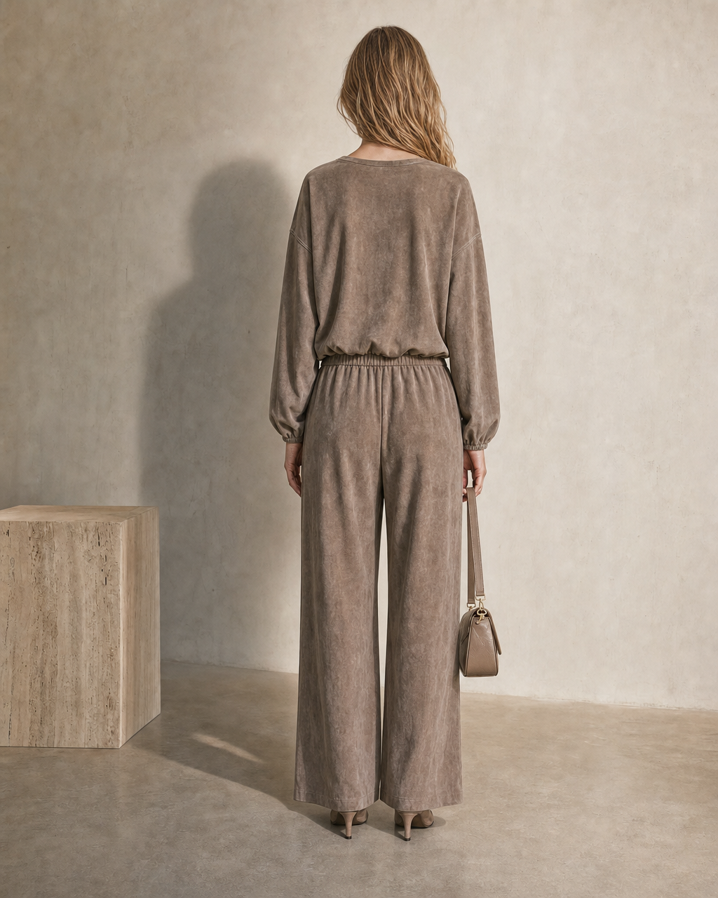 Casual Taupe Faux-suede V-neck Long-sleeve Two-piece Wide-leg Pants Set MVA002700AA
