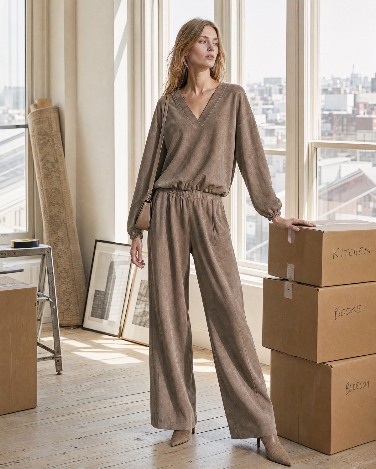 Casual Taupe Faux-suede V-neck Long-sleeve Two-piece Wide-leg Pants Set MVA002700AA
