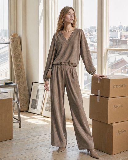 Casual Taupe Faux-suede V-neck Long-sleeve Two-piece Wide-leg Pants Set MVA002700AA