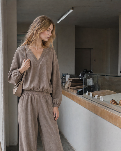 Casual Taupe Faux-suede V-neck Long-sleeve Two-piece Wide-leg Pants Set MVA002700AA