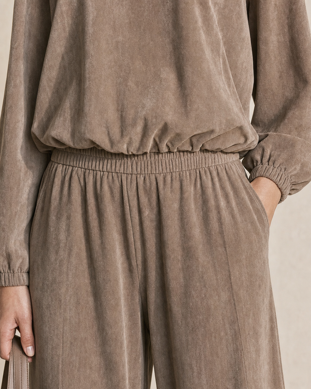Casual Taupe Faux-suede V-neck Long-sleeve Two-piece Wide-leg Pants Set MVA002700AA