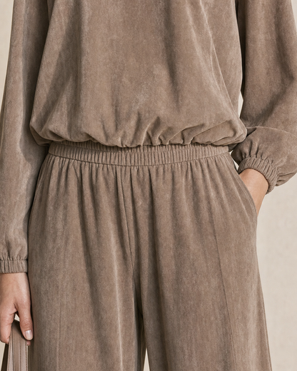 Casual Taupe Faux-suede V-neck Long-sleeve Two-piece Wide-leg Pants Set MVA002700AA