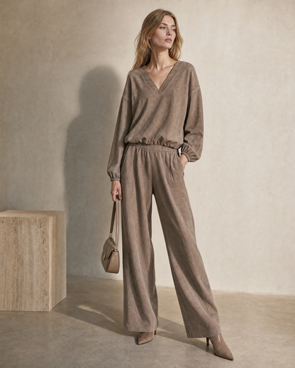 Casual Taupe Faux-suede V-neck Long-sleeve Two-piece Wide-leg Pants Set MVA002700AA