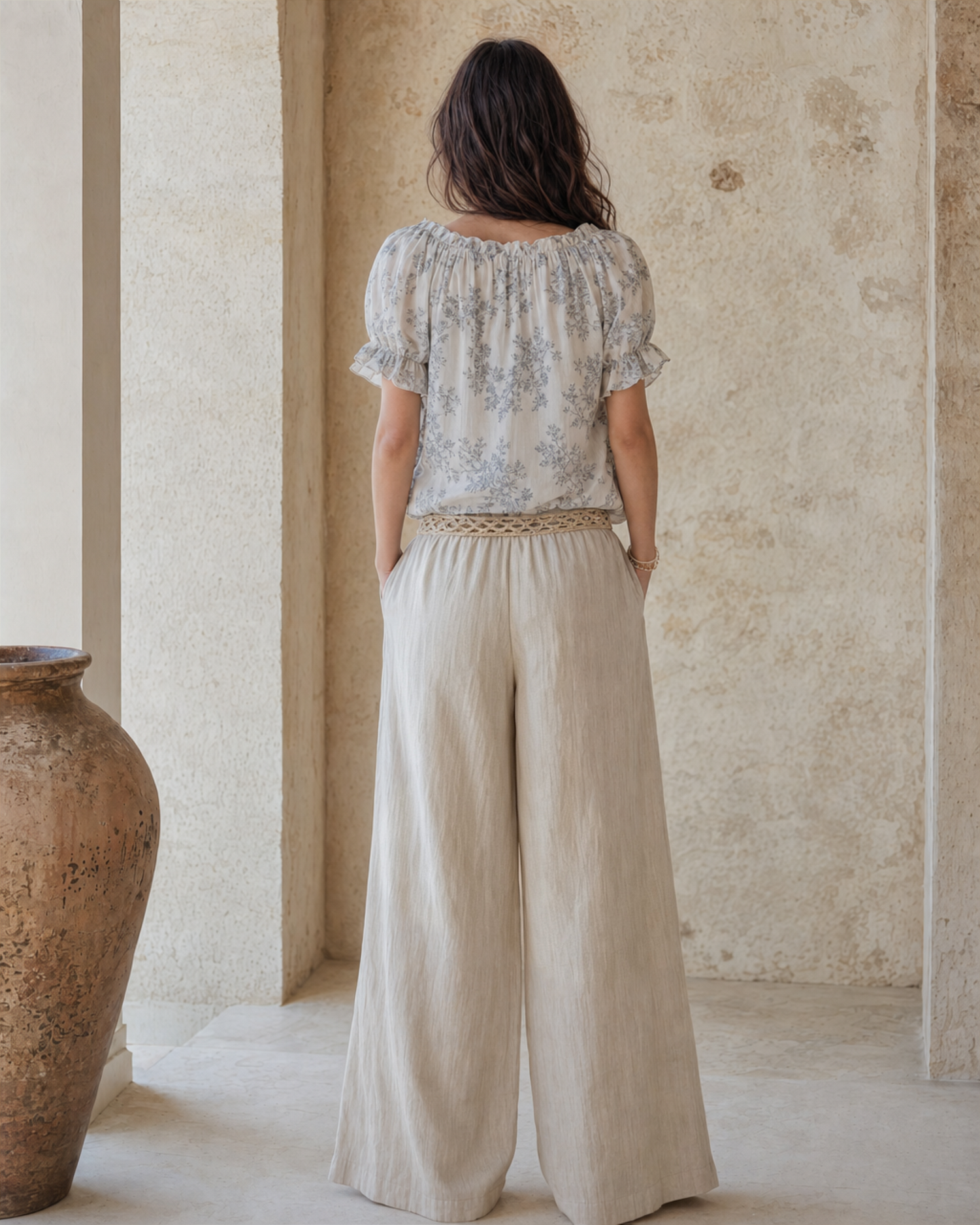 Neutral Floral Puff Sleeve Blouse &amp; Linen Wide Leg Pants Two Piece Set MVA000270AA