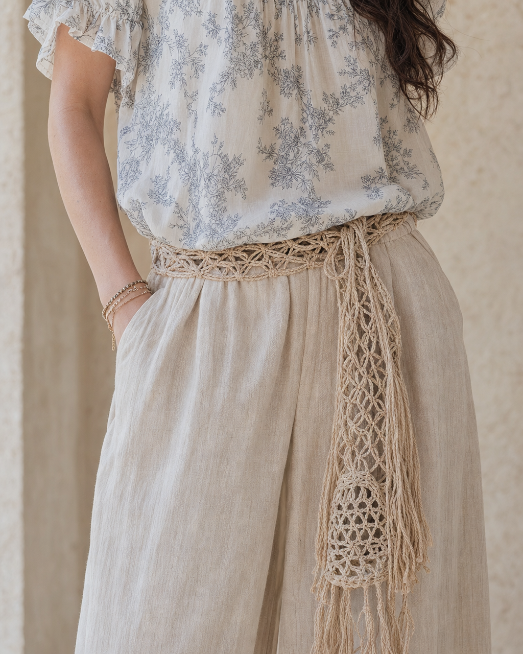 Neutral Floral Puff Sleeve Blouse &amp; Linen Wide Leg Pants Two Piece Set MVA000270AA