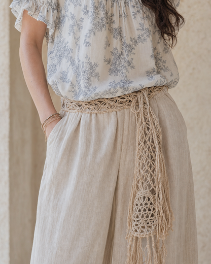 Neutral Floral Puff Sleeve Blouse &amp; Linen Wide Leg Pants Two Piece Set MVA000270AA
