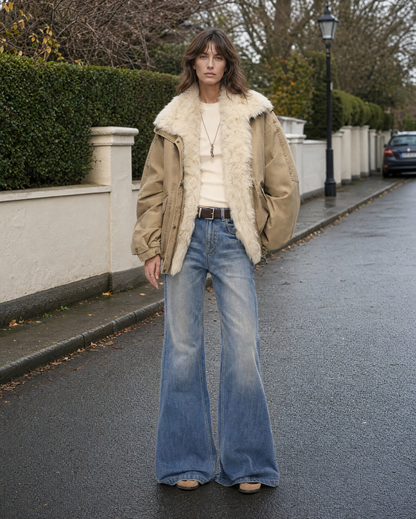 Casual Khaki Cotton Faux-fur Collar Long-sleeve Oversized Bomber Jacket MVA002710AA