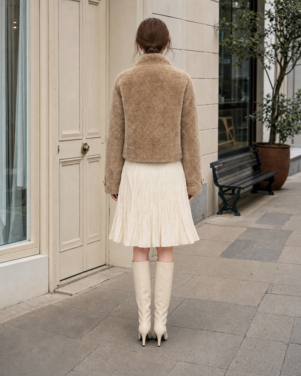 Elegant Camel Faux-shearling Stand-collar Long-sleeve Cropped Jacket MVA002720AA