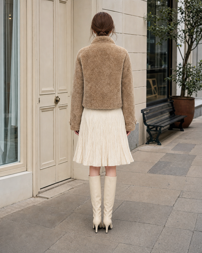 Elegant Camel Faux-shearling Stand-collar Long-sleeve Cropped Jacket MVA002720AA