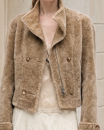 Elegant Camel Faux-shearling Stand-collar Long-sleeve Cropped Jacket MVA002720AA