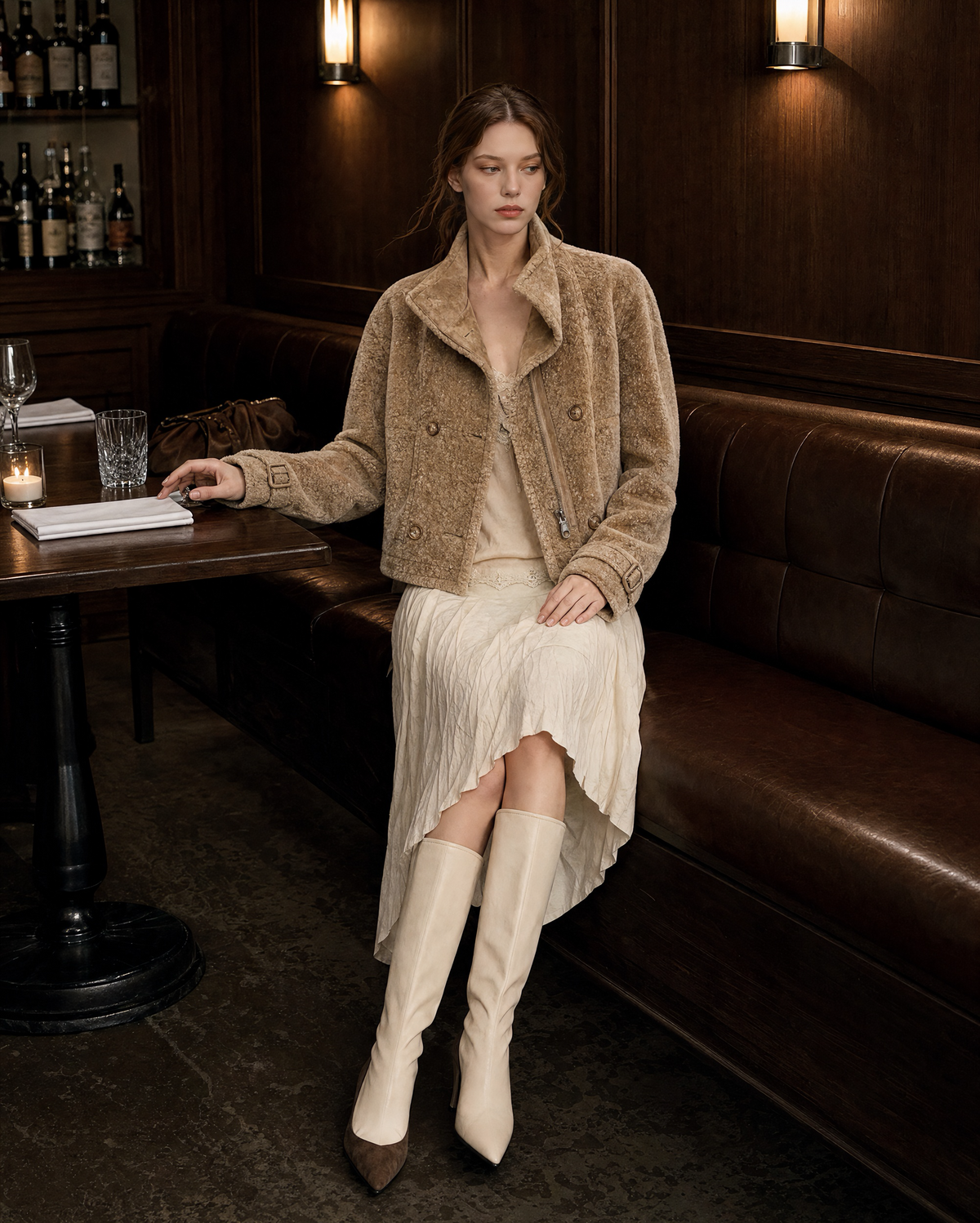 Elegant Camel Faux-shearling Stand-collar Long-sleeve Cropped Jacket MVA002720AA