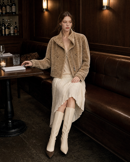 Elegant Camel Faux-shearling Stand-collar Long-sleeve Cropped Jacket MVA002720AA