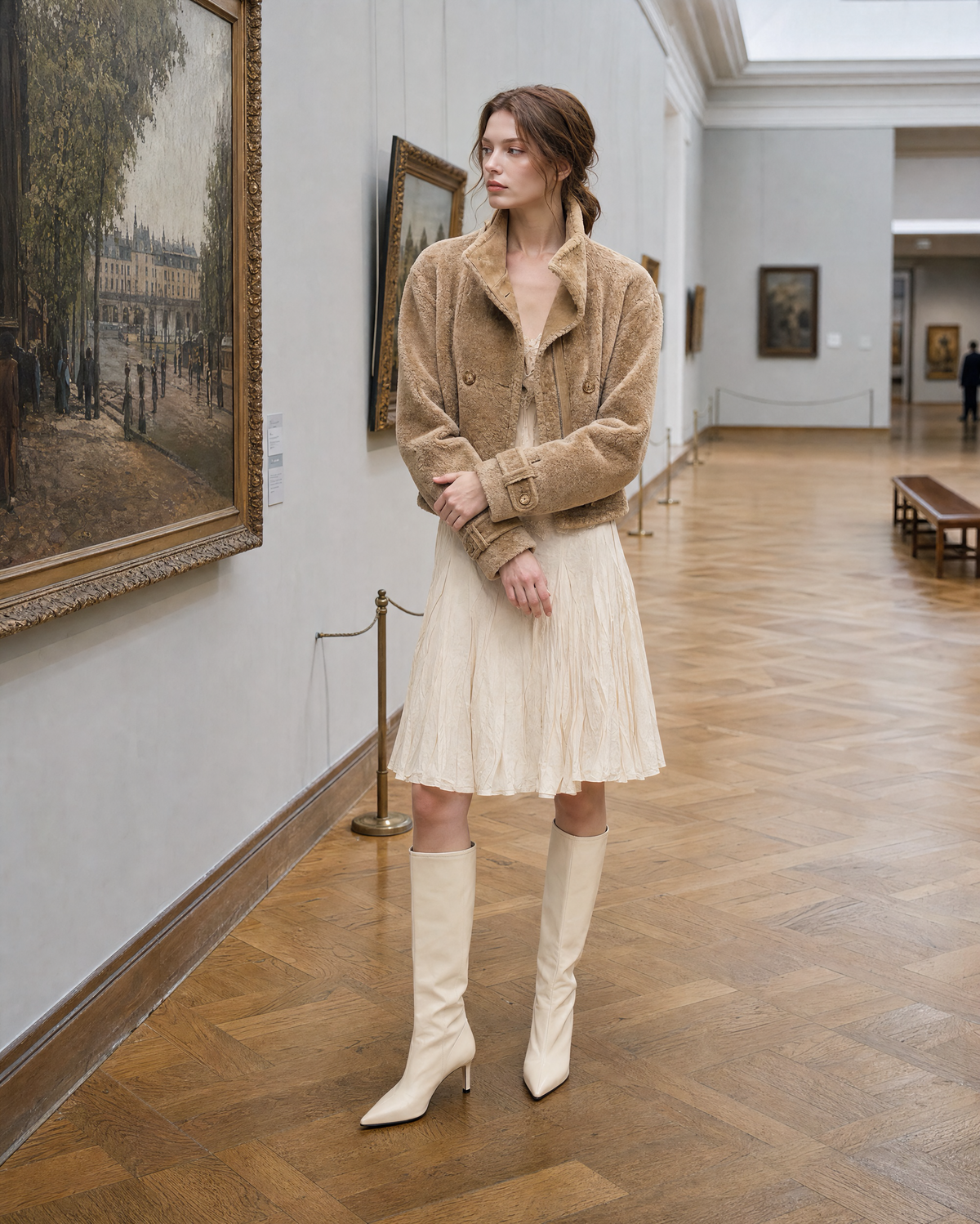 Elegant Camel Faux-shearling Stand-collar Long-sleeve Cropped Jacket MVA002720AA