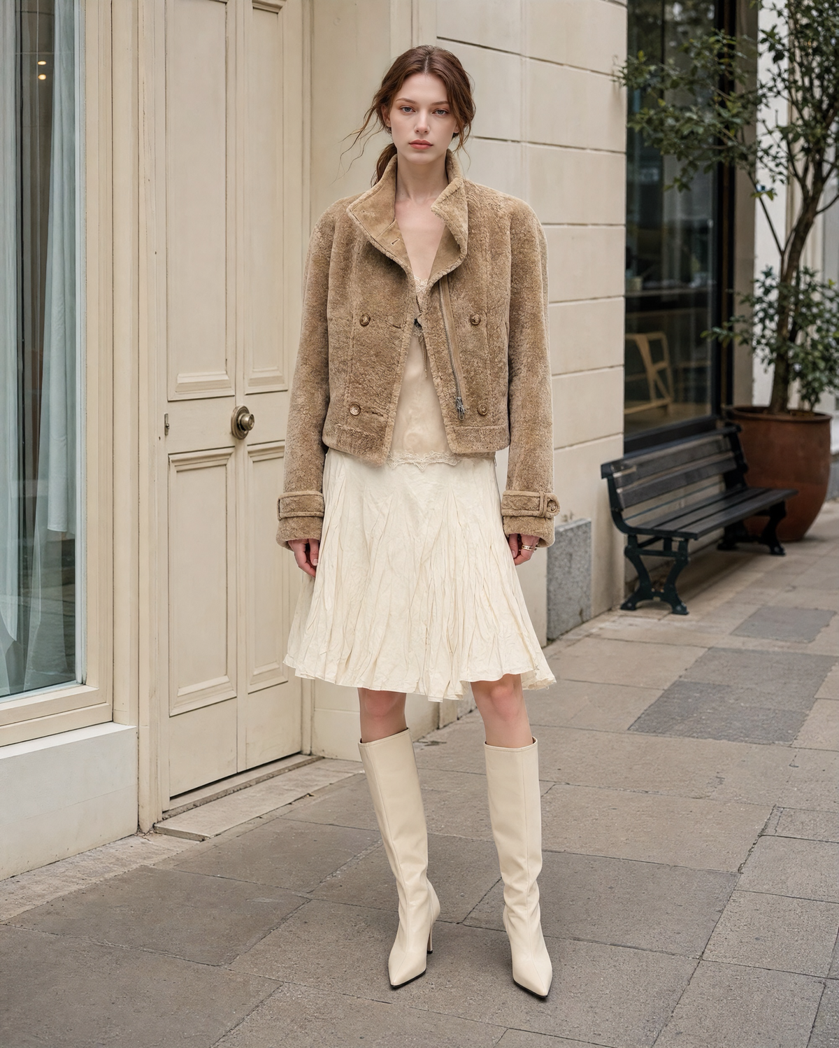 Elegant Camel Faux-shearling Stand-collar Long-sleeve Cropped Jacket MVA002720AA