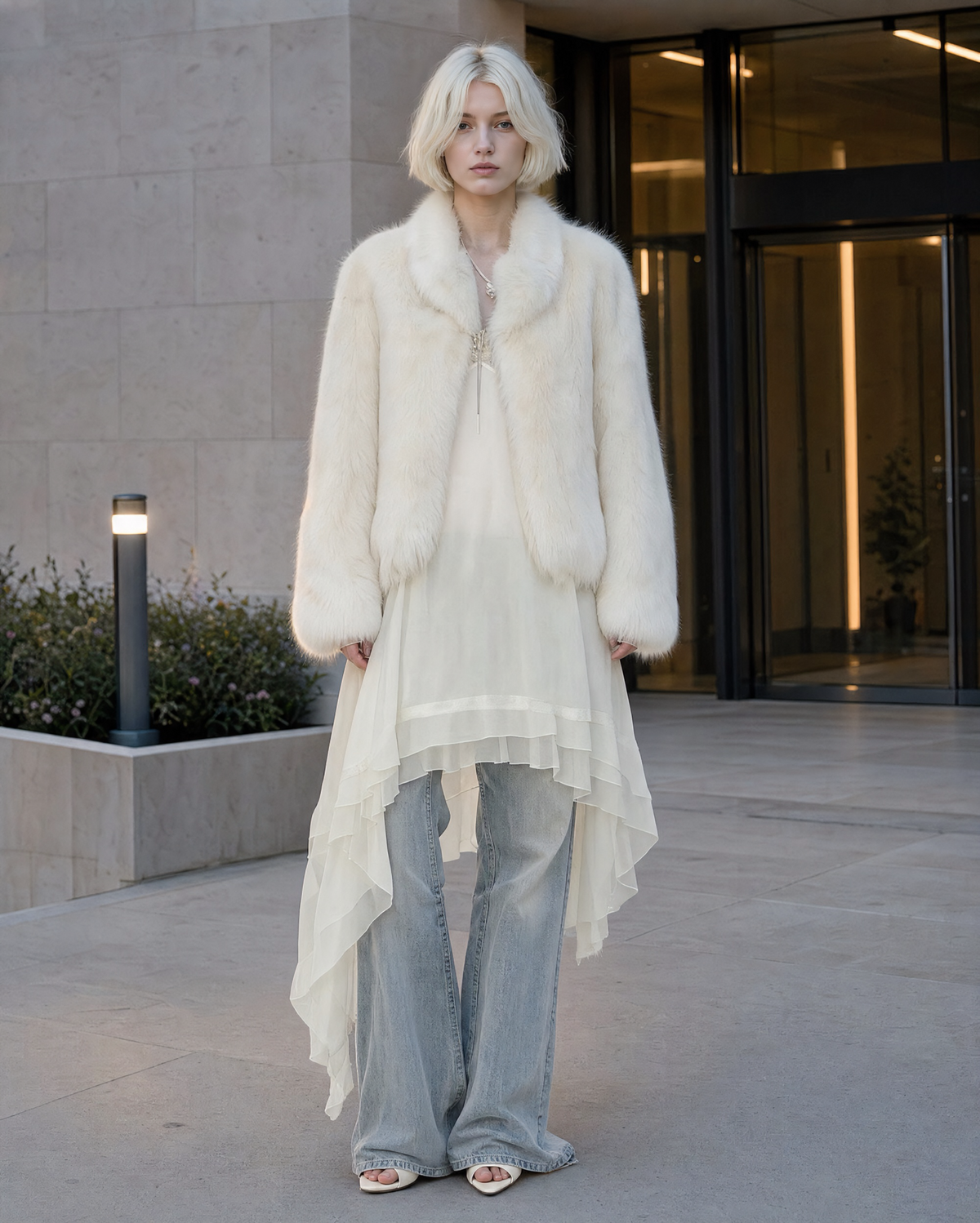 Elegant Ivory Faux-fur Shawl-collar Long-sleeve Cropped Jacket MVA002730AA