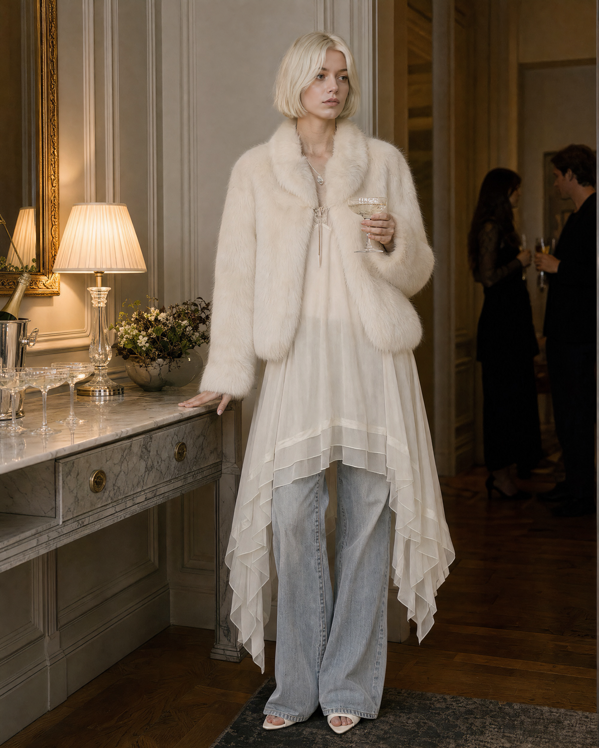 Elegant Ivory Faux-fur Shawl-collar Long-sleeve Cropped Jacket MVA002730AA
