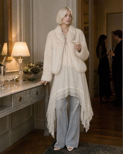 Elegant Ivory Faux-fur Shawl-collar Long-sleeve Cropped Jacket MVA002730AA