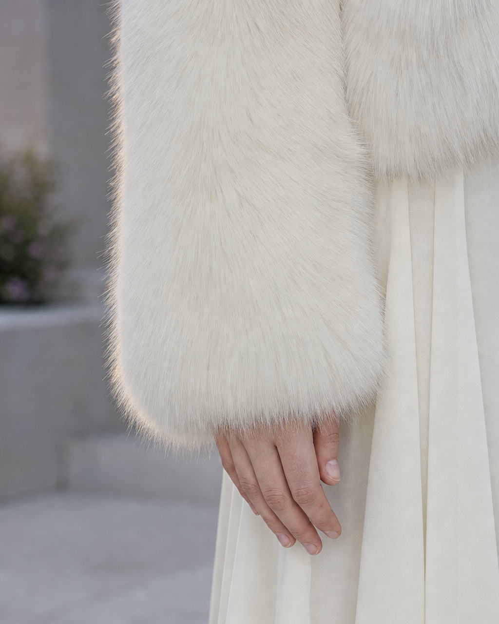 Elegant Ivory Faux-fur Shawl-collar Long-sleeve Cropped Jacket MVA002730AA