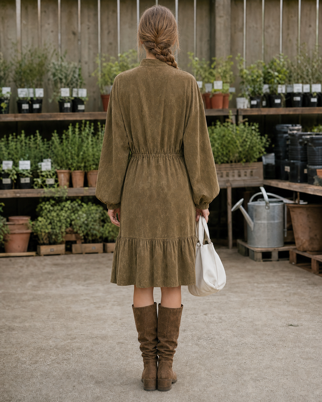 Bohemian Olive Faux-suede Stand-collar Long-sleeve Drawstring Waist Midi Shirt Dress MVA002740AA