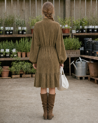 Bohemian Olive Faux-suede Stand-collar Long-sleeve Drawstring Waist Midi Shirt Dress MVA002740AA