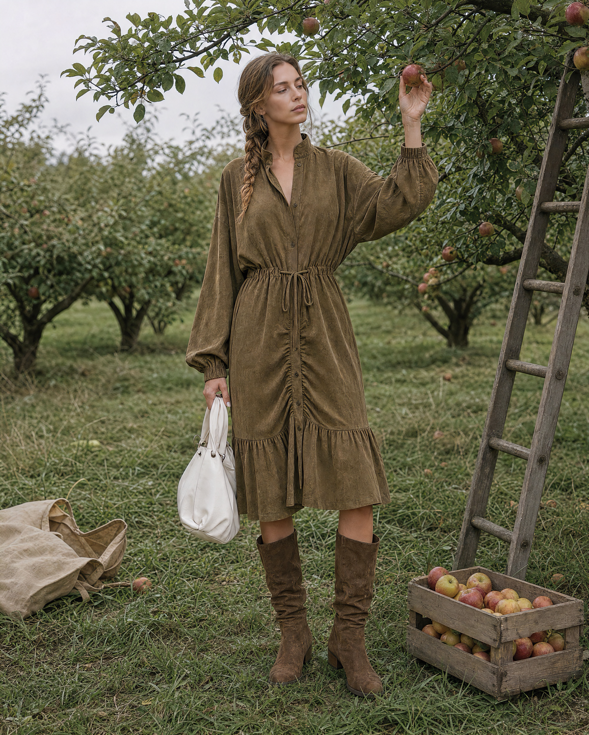 Bohemian Olive Faux-suede Stand-collar Long-sleeve Drawstring Waist Midi Shirt Dress MVA002740AA