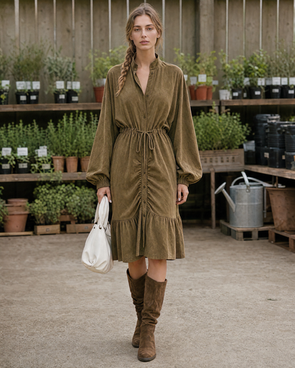 Bohemian Olive Faux-suede Stand-collar Long-sleeve Drawstring Waist Midi Shirt Dress MVA002740AA