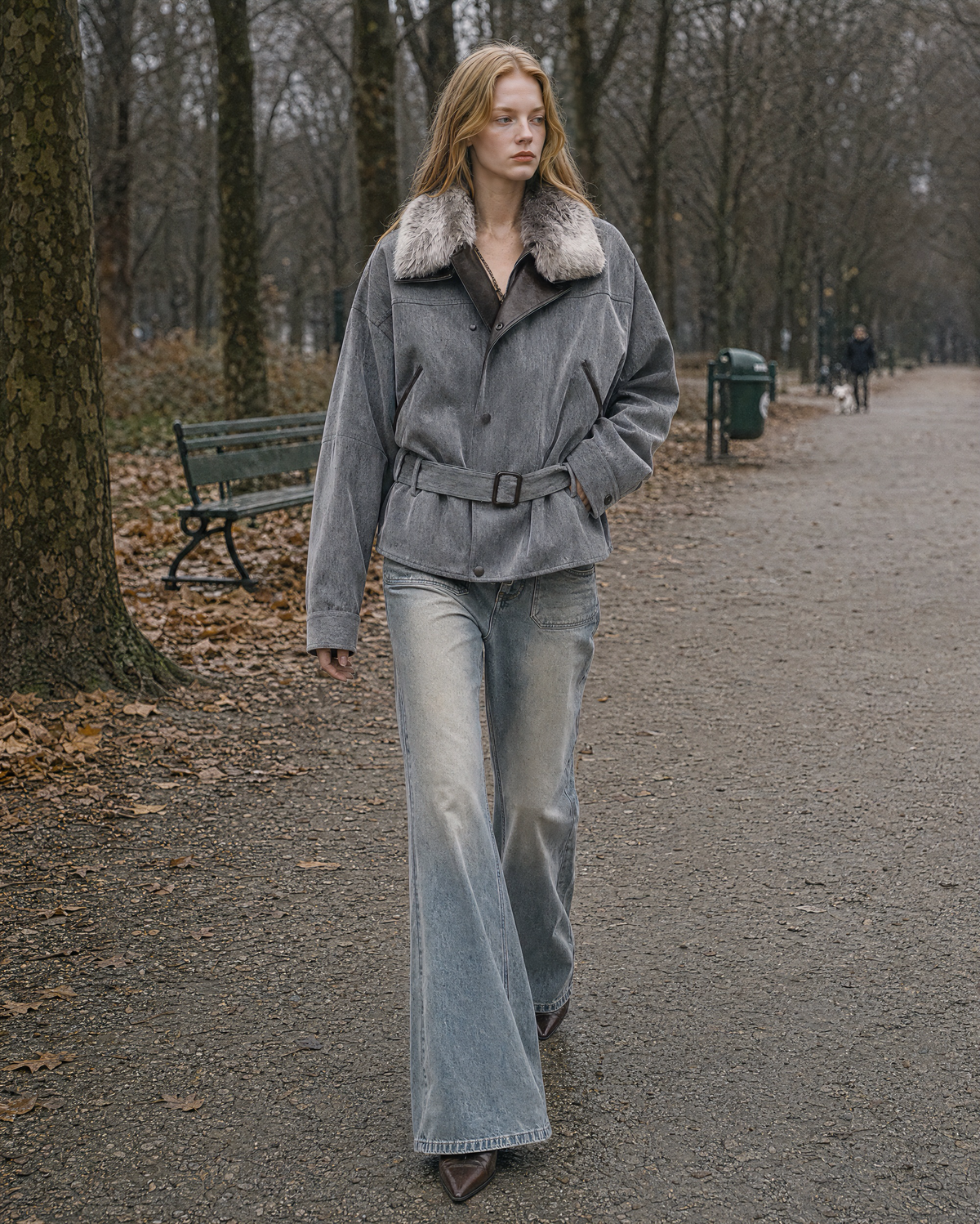 Casual Grey Flocked Denim Faux-fur Collar Long-sleeve Belted Bomber Jacket MVA002750AA