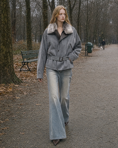 Casual Grey Flocked Denim Faux-fur Collar Long-sleeve Belted Bomber Jacket MVA002750AA