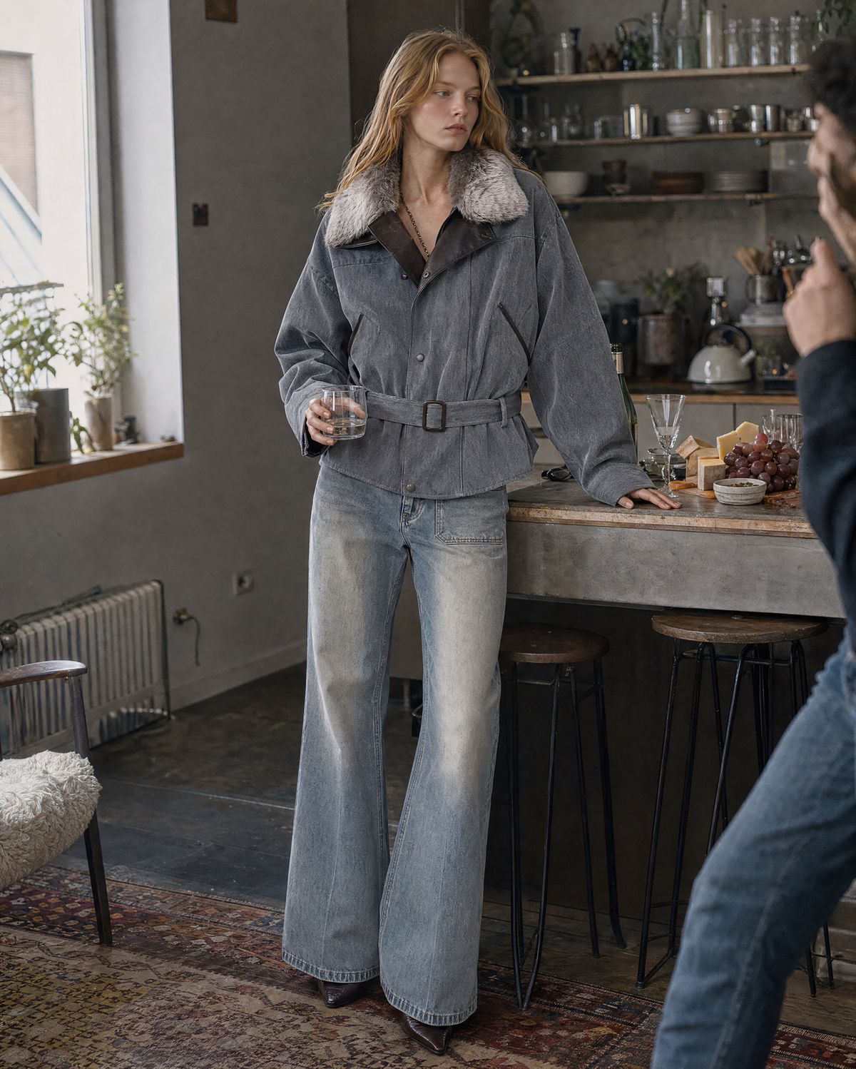 Casual Grey Flocked Denim Faux-fur Collar Long-sleeve Belted Bomber Jacket MVA002750AA