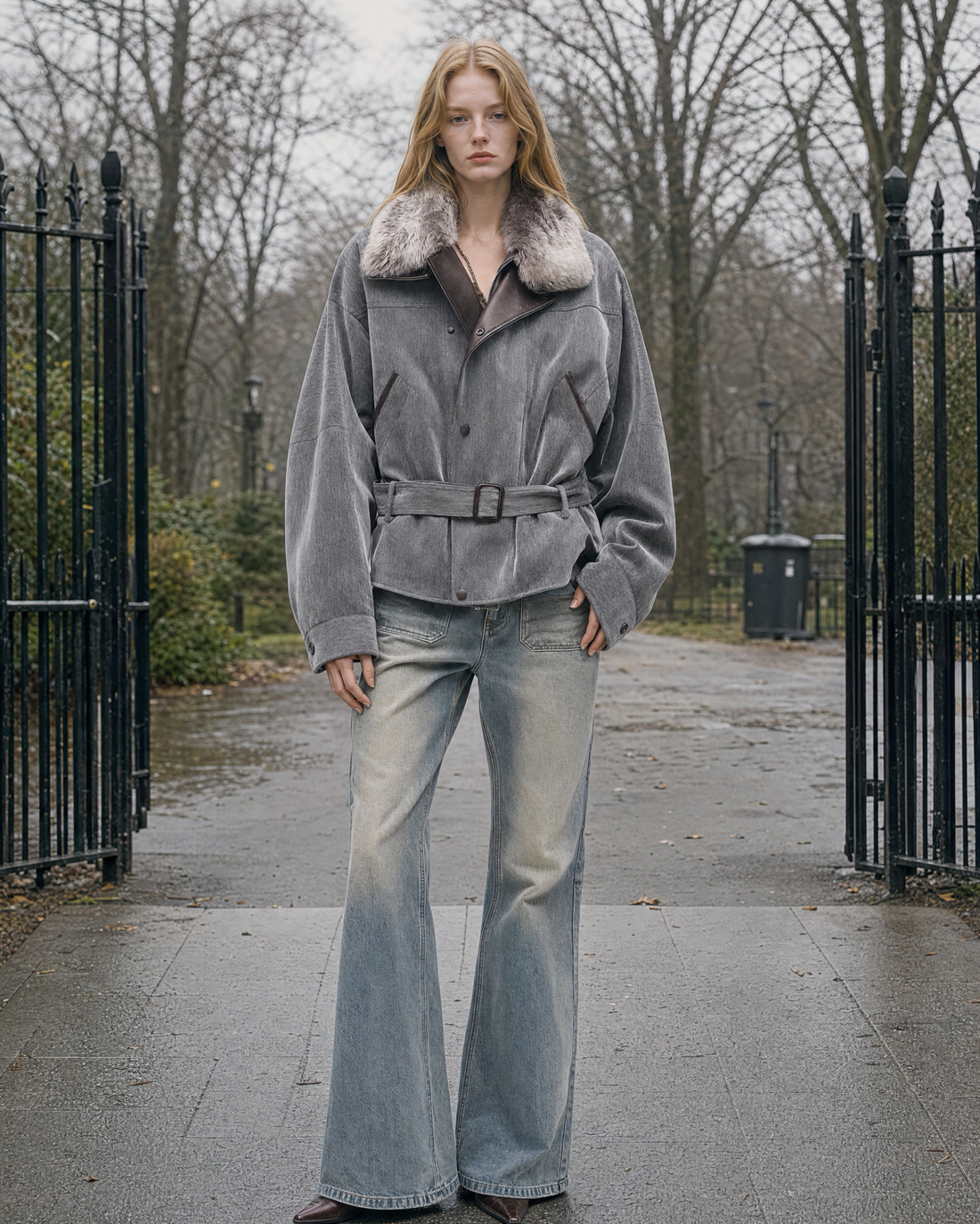 Casual Grey Flocked Denim Faux-fur Collar Long-sleeve Belted Bomber Jacket MVA002750AA