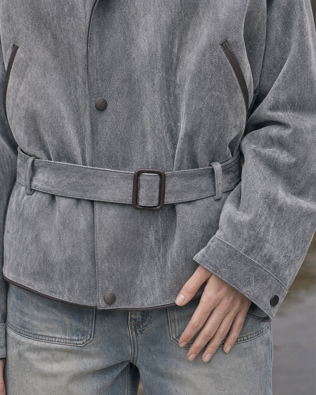 Casual Grey Flocked Denim Faux-fur Collar Long-sleeve Belted Bomber Jacket MVA002750AA