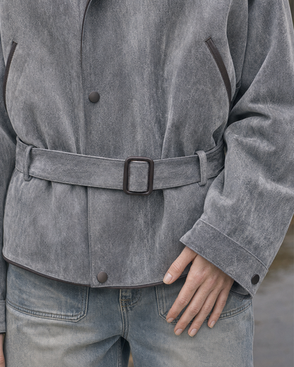 Casual Grey Flocked Denim Faux-fur Collar Long-sleeve Belted Bomber Jacket MVA002750AA