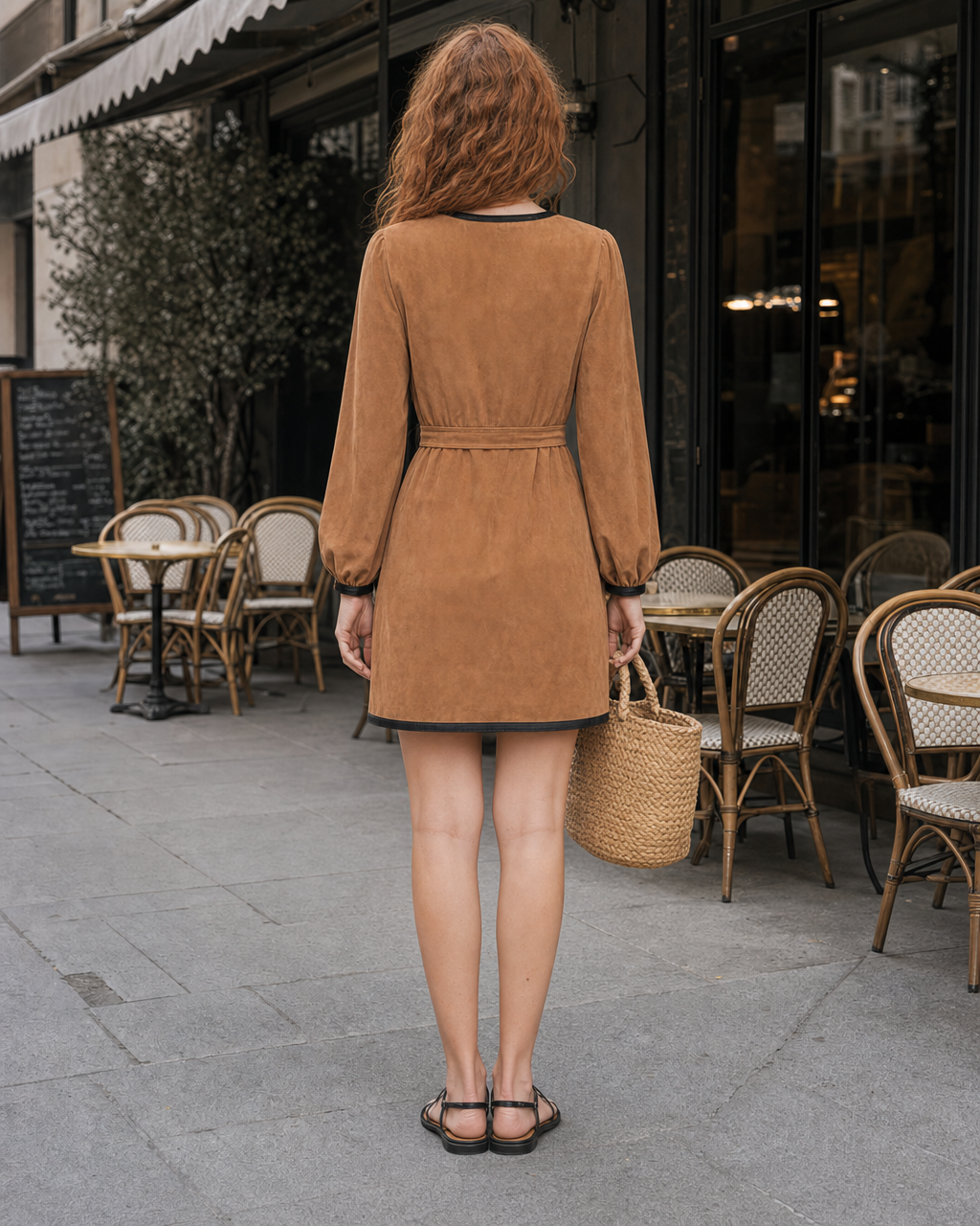 Casual Camel Faux-suede Contrast-trim Split-neck Long-sleeve Belted Mini Dress MVA002760AA
