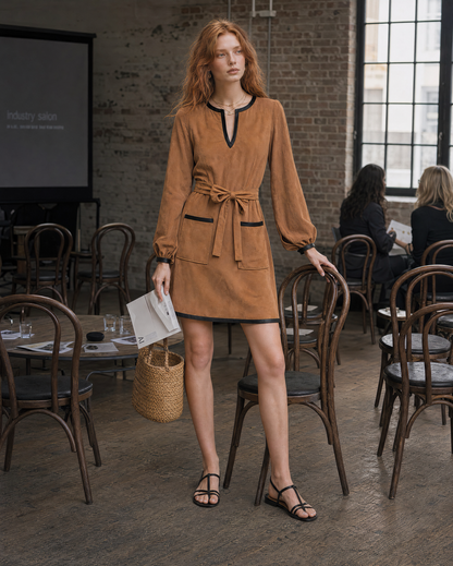 Casual Camel Faux-suede Contrast-trim Split-neck Long-sleeve Belted Mini Dress MVA002760AA