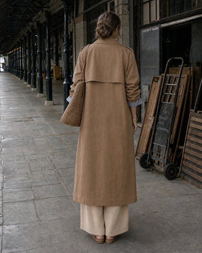 Elegant Camel Cotton-blend Lapel Long-sleeve Double-breasted Maxi Trench Coat MVA002770AA