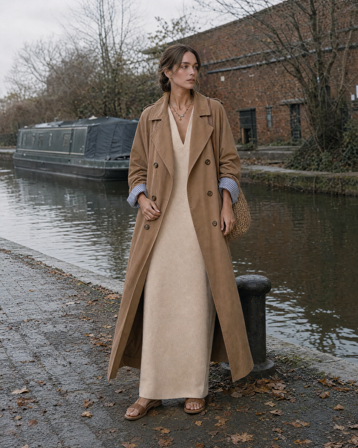 Elegant Camel Cotton-blend Lapel Long-sleeve Double-breasted Maxi Trench Coat MVA002770AA