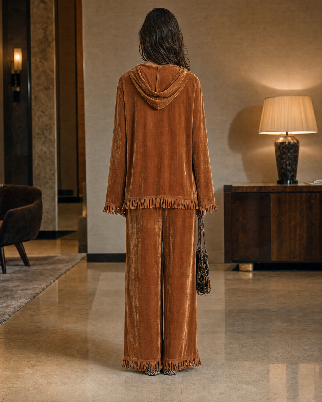 Bohemian Copper Velvet Hooded Long-sleeve Fringed Two-piece Wide-leg Pants Set MVA002790AA