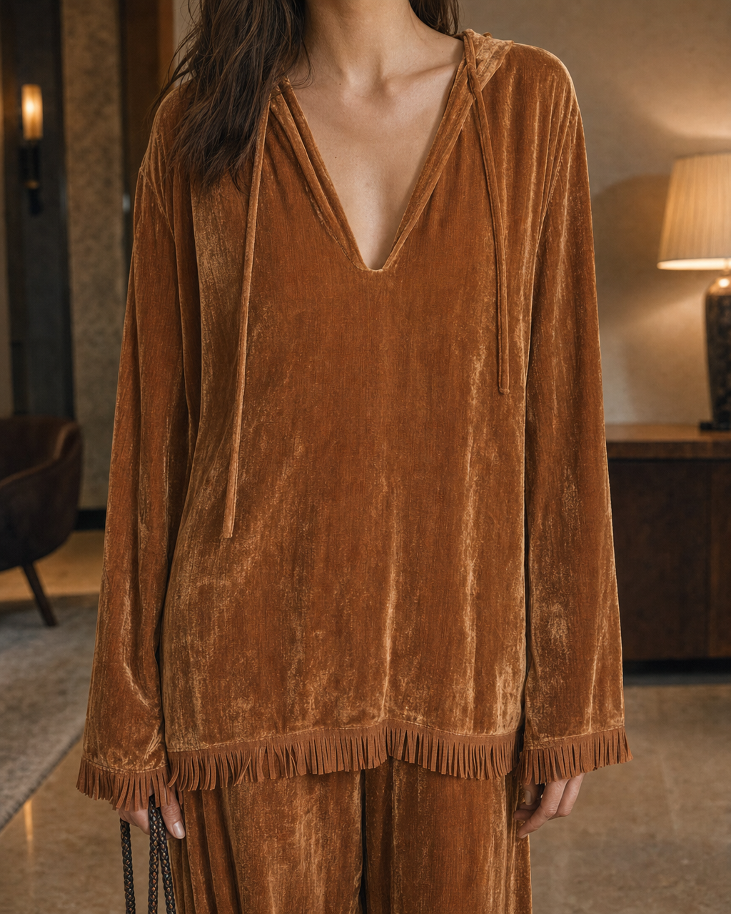 Bohemian Copper Velvet Hooded Long-sleeve Fringed Two-piece Wide-leg Pants Set MVA002790AA