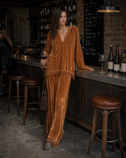 Bohemian Copper Velvet Hooded Long-sleeve Fringed Two-piece Wide-leg Pants Set MVA002790AA